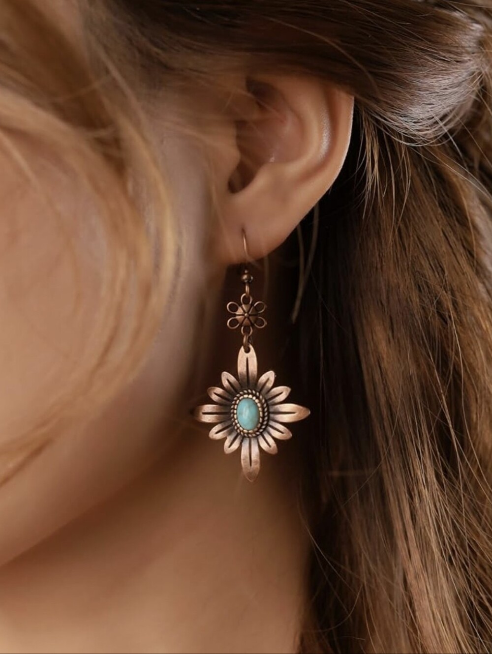 Antuque Copper And Turquoise Flower Earrings - Picture 7 of 7